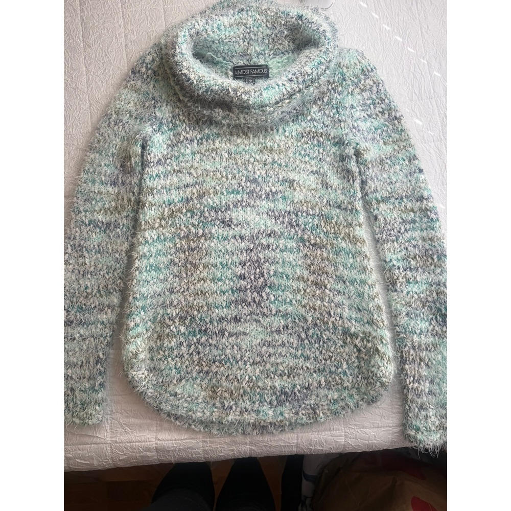 Almost Famous Womens Teal Blue Space Dye Eyelash Knit Cowl Neck Sweater Medium